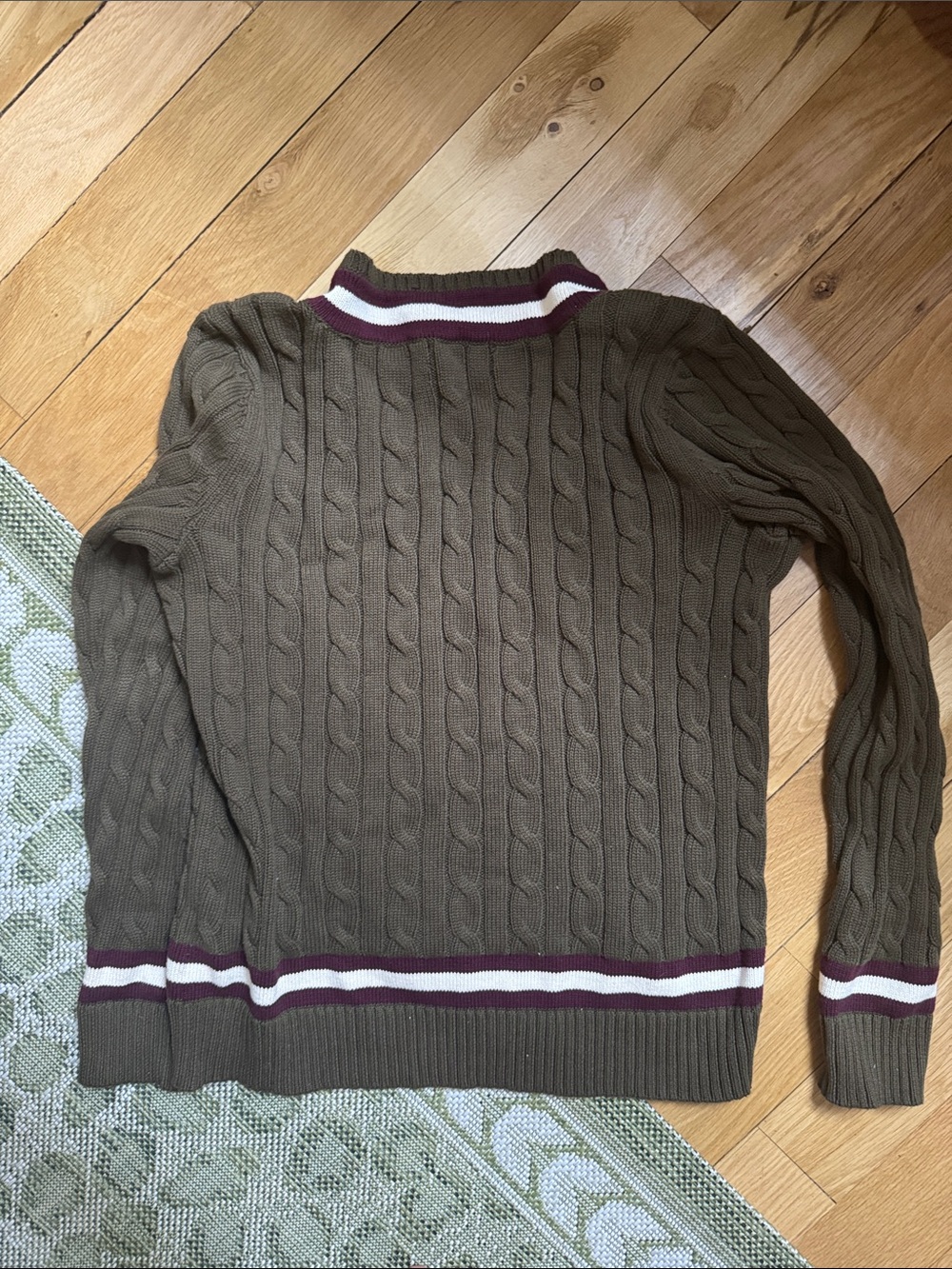 Lauren Ralph Lauren Olive Cable-Knit V-Neck Sweater with Burgundy and Cream Trim - Picture 2 of 2